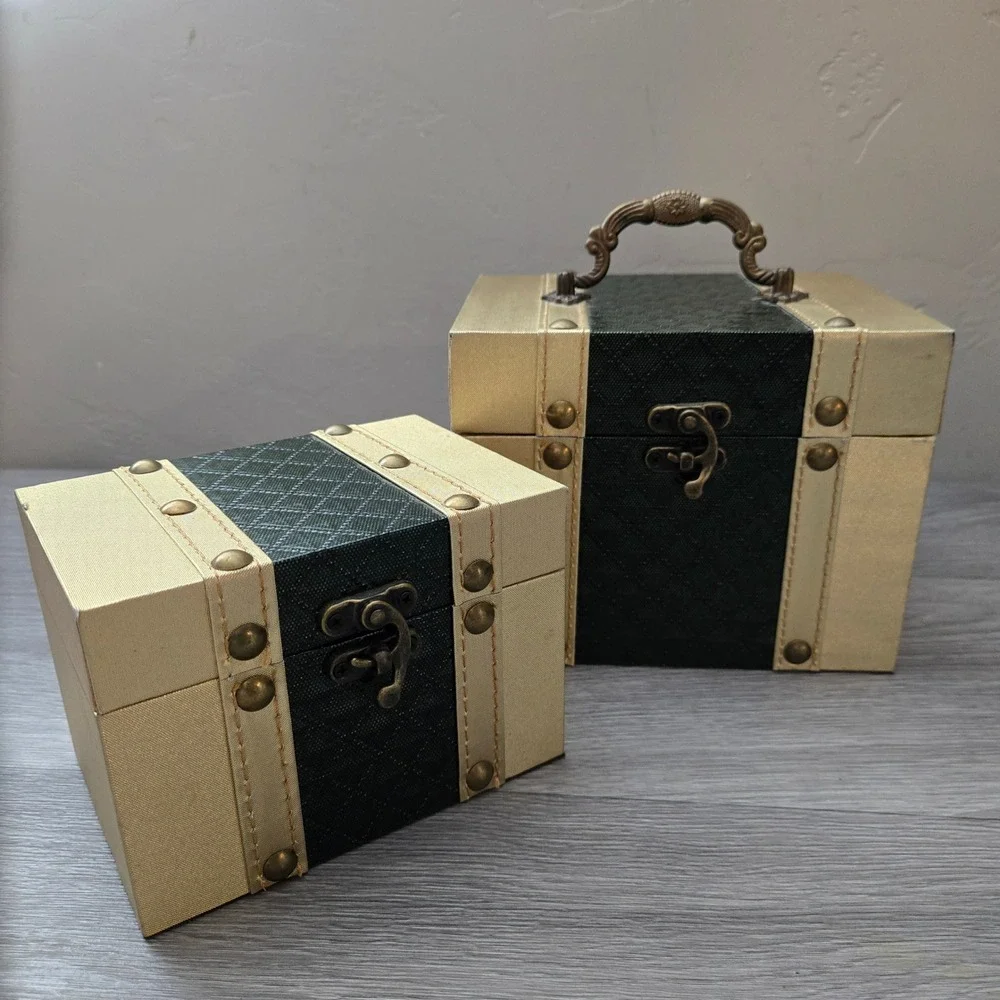Vintage Gold Green Jewelry Box Set Small Large Trunk Style Studded Decor Brass